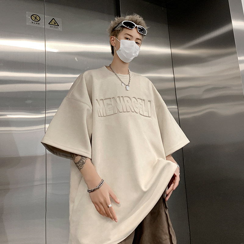 重磅麂皮绒短袖t恤男款夏季美式潮牌字母钢印宽松大码圆领上衣服,男装T恤,电商A058-1（原电商C417）