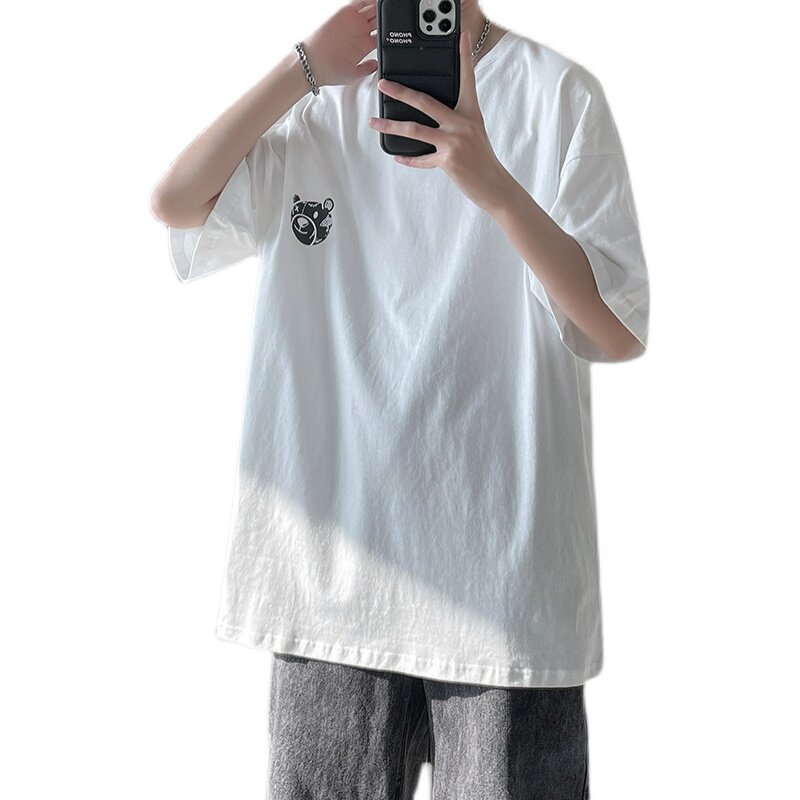 短句-ins后背小熊印花短袖t恤男女情侣纯棉学生T恤C417-T02-P25,男装T恤,电商A058-1（原电商C417）