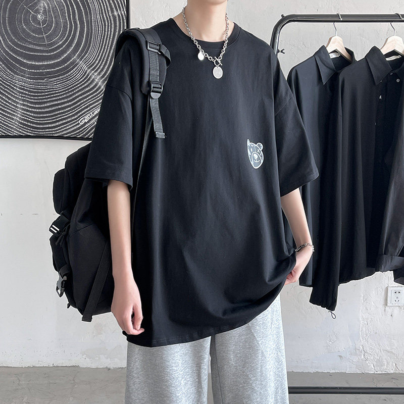 短句-ins后背小熊印花短袖t恤男女情侣纯棉学生T恤C417-T02-P25,男装T恤,电商A058-1（原电商C417）