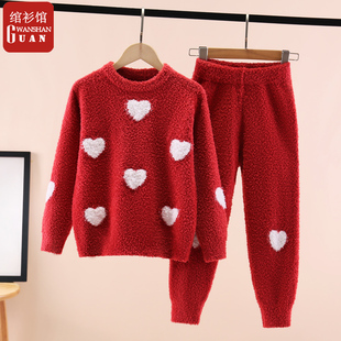 女童睡衣秋冬新款儿童半边绒家居服女孩加厚保暖居家珊瑚绒女套装