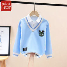 男童带领2025新款儿童衬衫卫衣男孩假两件冬季加绒长袖t恤上衣男