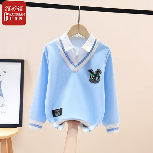 假两件长袖卫衣t恤男童衬衫领