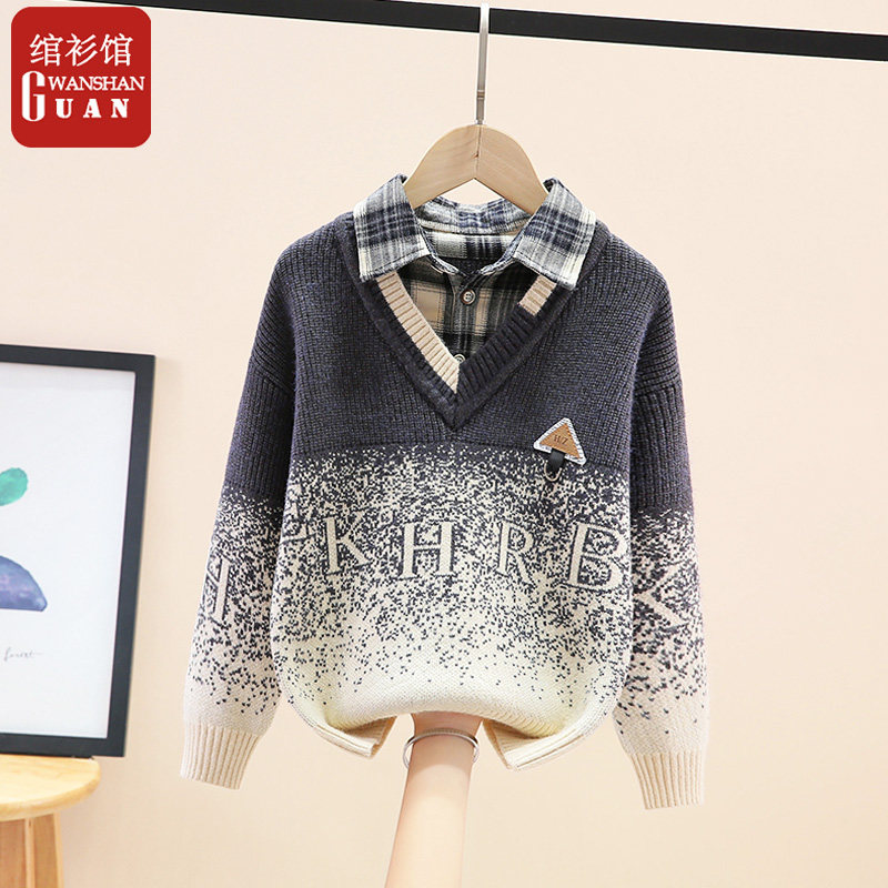 男童毛衣假两件大童2025新款针织衫儿童秋冬线衣加绒带领男孩上衣,童装/婴儿装/亲子装,毛衣/针织衫,淘宝优惠券,粉丝福利购,淘宝优惠卷