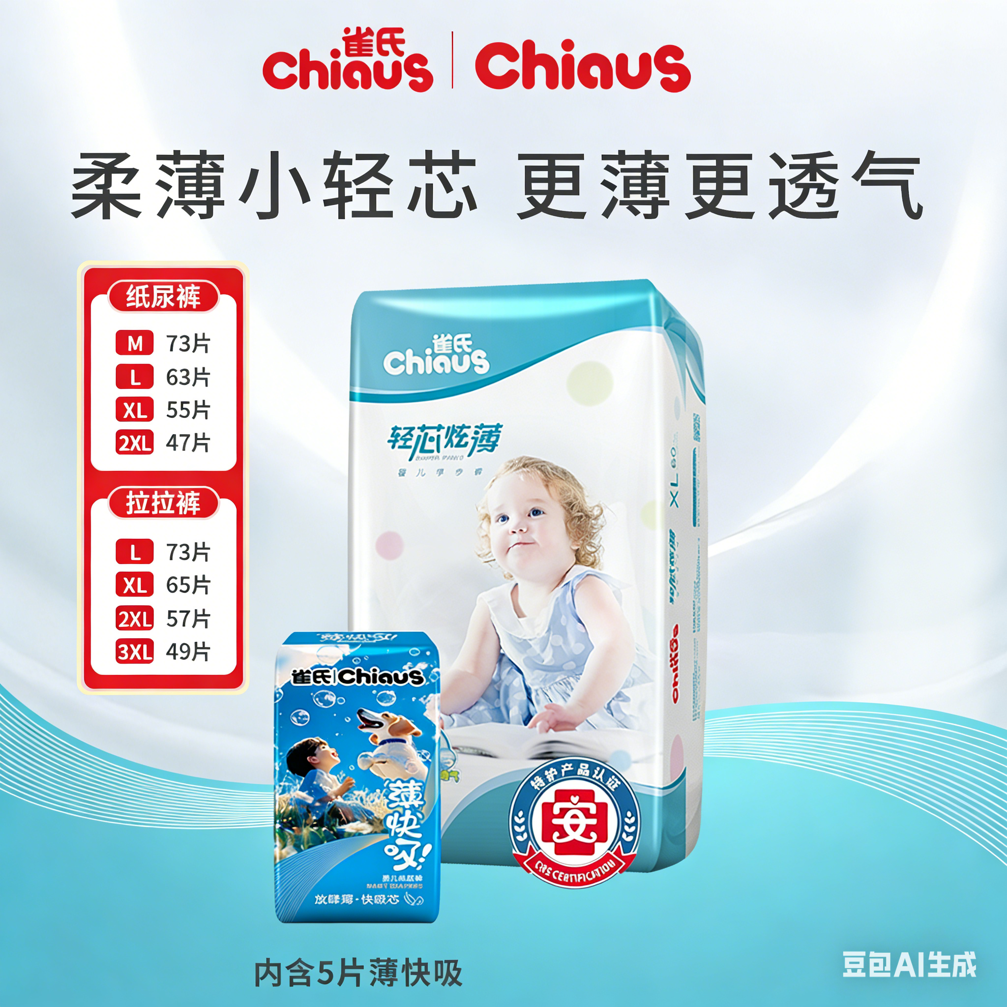 雀氏轻芯炫薄婴儿纸尿裤尿不湿M-3XL超薄纸尿片宝宝透气拉拉裤D
