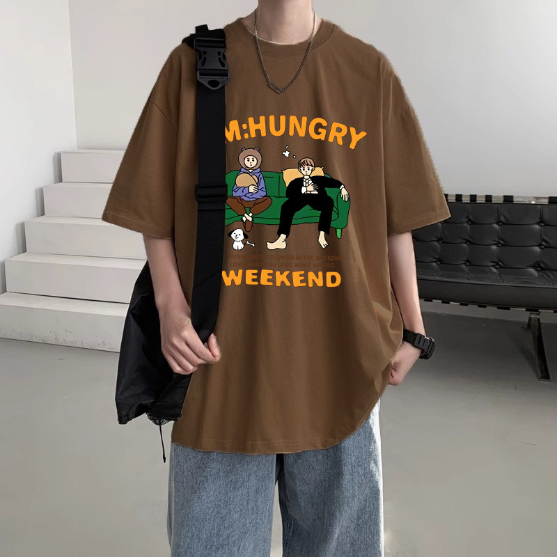 夏季男士短袖t恤宽松潮流纯棉圆领半截袖复古卡通百搭港风上衣服