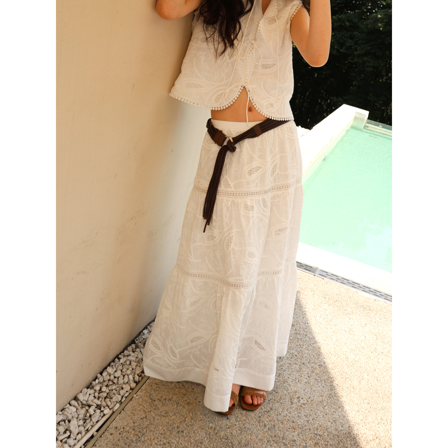 SUPERSCAPE素舶 重工镂空刺绣波嬉风度假拼接蛋糕中长半裙