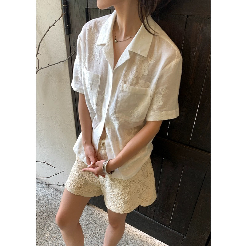 SUPERSCAPE素舶 重工全亚麻感盘缝绣花遮肉显瘦翻领短袖衬衫