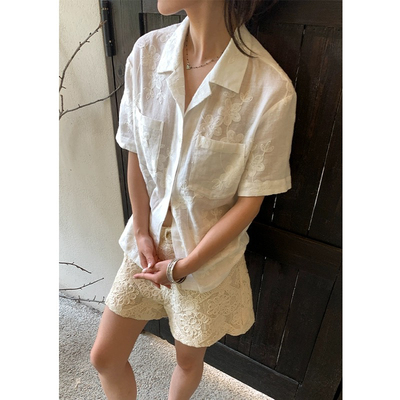 SUPERSCAPE素舶 重工全亚麻感盘缝绣花遮肉显瘦翻领短袖衬衫