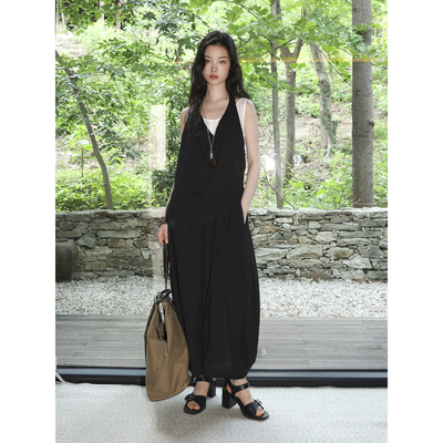 SUPERSCAPE素舶 亚麻醋酸透气舒适假两件气质挂脖茧型花苞连衣裙