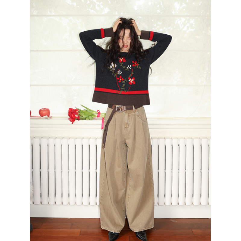 素舶SUPERSCAPE 澳洲美利奴羊毛手绘花瓶提花撞色短款圆领针织衫