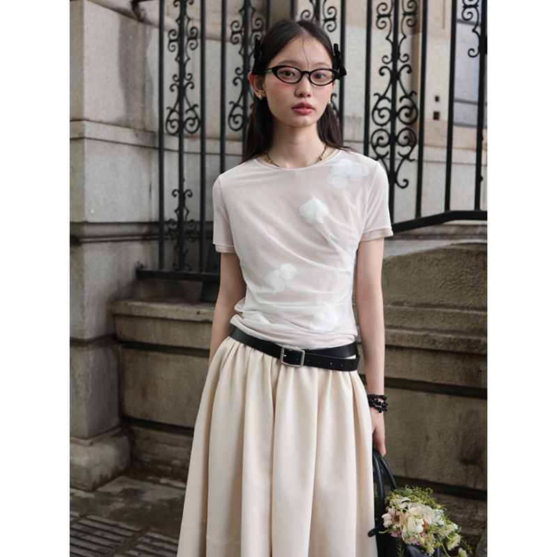 素舶SUPERSCAPE 莱赛尔羊毛混纺亲肤透气双层圆领网纱小花T恤