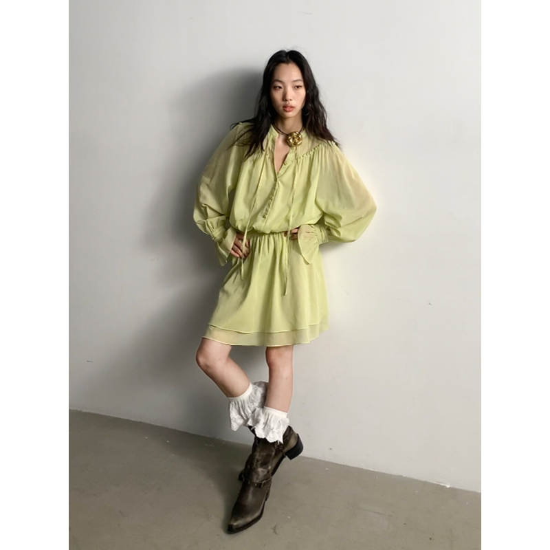 SUPERSCAPE素舶 丝麻触感高支立领系带木耳边碎褶收腰长袖连衣裙