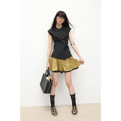 SUPERSCAPE素舶 异材质双层皱感松紧腰波浪A摆短裤