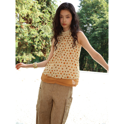 SUPERSCAPE素舶 轻薄透气印花拼接抽皱挂脖上衣