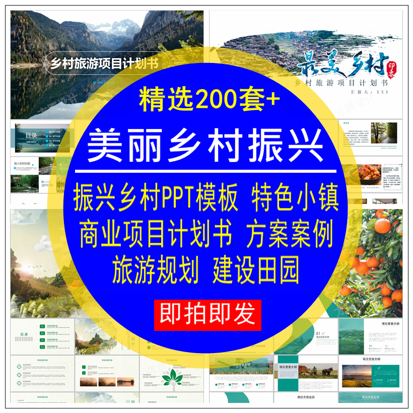 美丽乡村振兴商业项目计划书PPT模板旅游规划建设特色小镇方案例