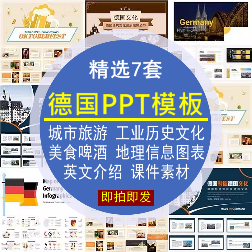 德国PPT模板城市旅游工业历史文化啤酒地理信息美食介绍英文图表