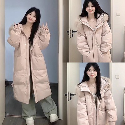 中长款过膝棉服女冬季毛领棉袄