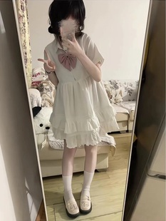 甜美蝴蝶结拼接花边蓬蓬裙 白色短袖 衬衫 小个子连衣裙2025夏季 新款