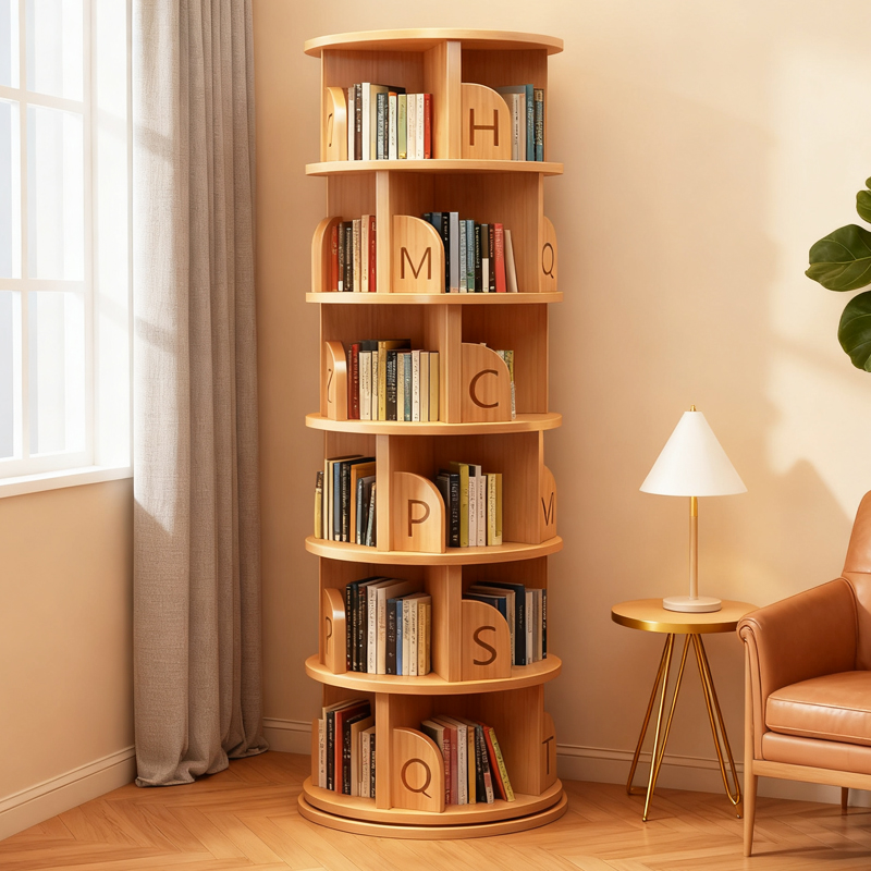 实木旋转书架360度书柜儿童置物架落地一体靠墙窄柜子学生储物柜