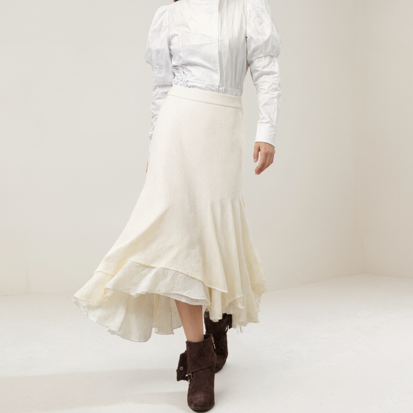 蕾丝丝绒网纱3层拼接不规则高腰