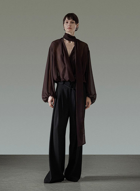 MSL法式V领雪纺衬衫女2025新款春季设计感缠绕飘带长袖显瘦上衣