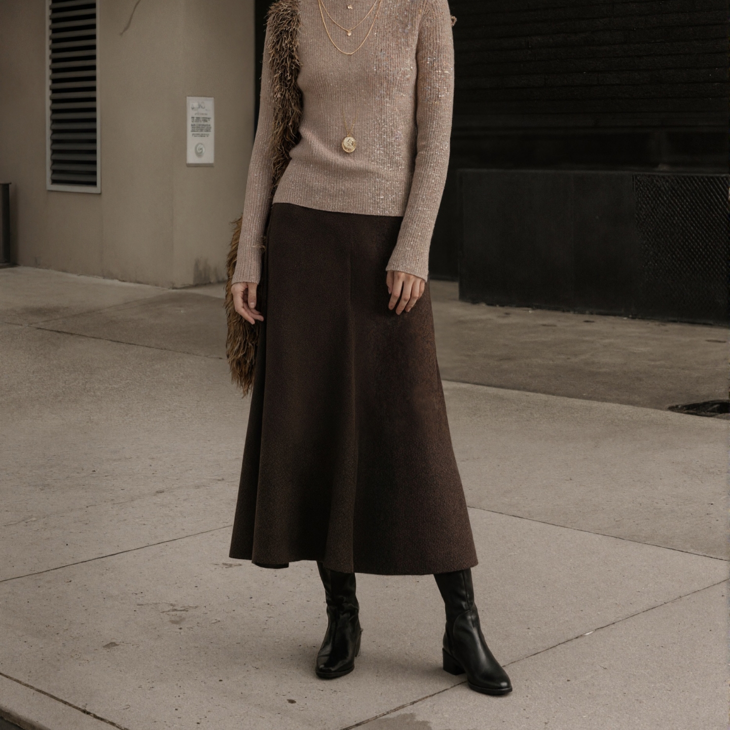 羊毛半身裙中长款松紧腰