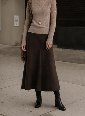 MSL毛呢鱼尾松紧腰A字半身裙法式垂感羊毛半裙女中长款裙子