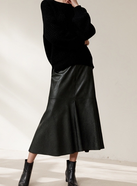 MSL简约环保皮鱼尾半裙女秋冬新款中长PU皮裙减龄百搭中长半身裙
