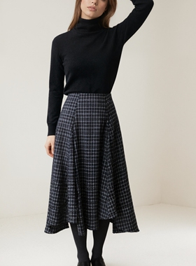 MSL不对称剪裁羊毛混纺半身裙苏格兰少女半裙深色格子秋冬新款