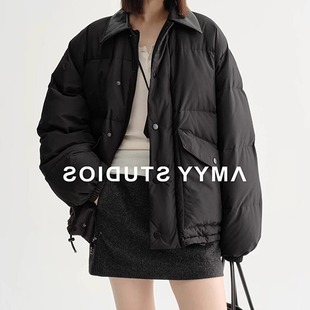 黑色新款真皮领白鹅绒短款防寒羽绒服女款冬季流行风格小个子外套