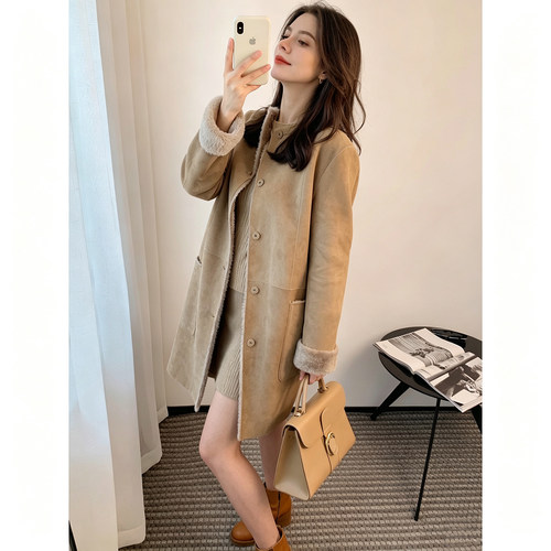 仿皮毛一体保暖中长款皮草外套女