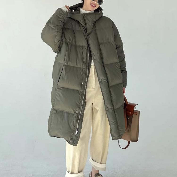 墨绿色落肩袖连帽宽松加厚中长款白鹅羽绒服外套女款冬季2025新款