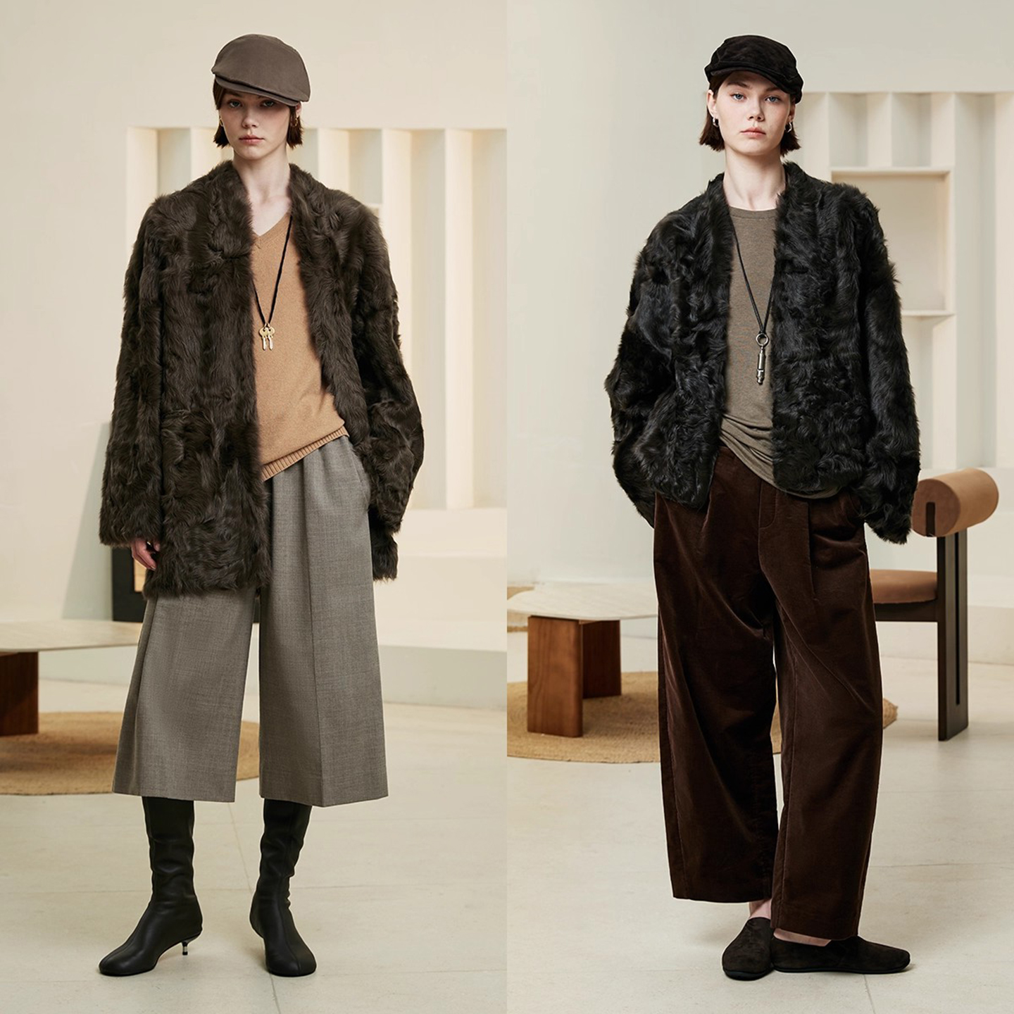 皮毛一体女款冬季老钱风宽松显瘦