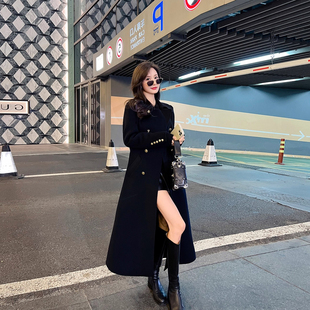 黑色收腰毛呢外套高端气质修身腰带双面正肩羊绒大衣女款新款秋冬