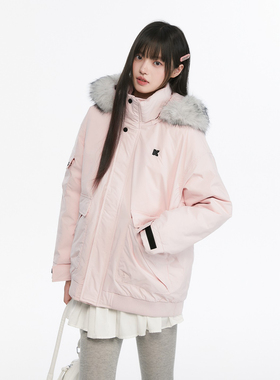 Pink ers联名款白鸭绒工装派克羽绒服女冬季毛领连帽外套保暖上衣