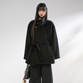 毛呢外套女冬季 Pinkers联名款 黑色立领短款 设计感系带收腰大衣女