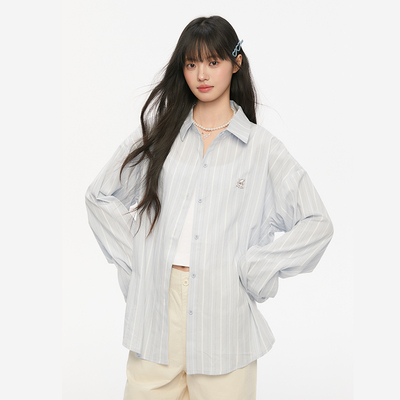 Pink ers联名款早秋复古甜美文艺刺绣条纹衬衫轻薄宽松小清新开衫