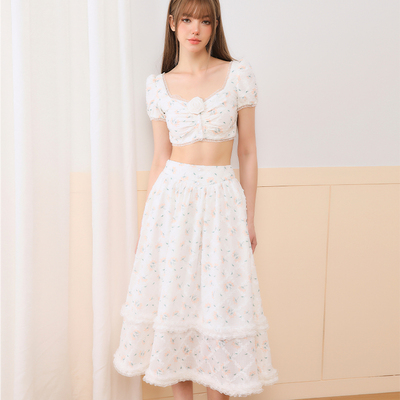 pinkers油画提花抽褶短上衣长裙