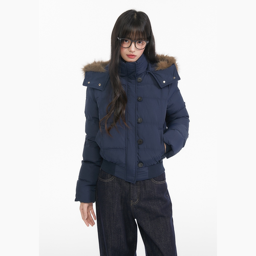 韩系氛围感复古毛领连帽棉服