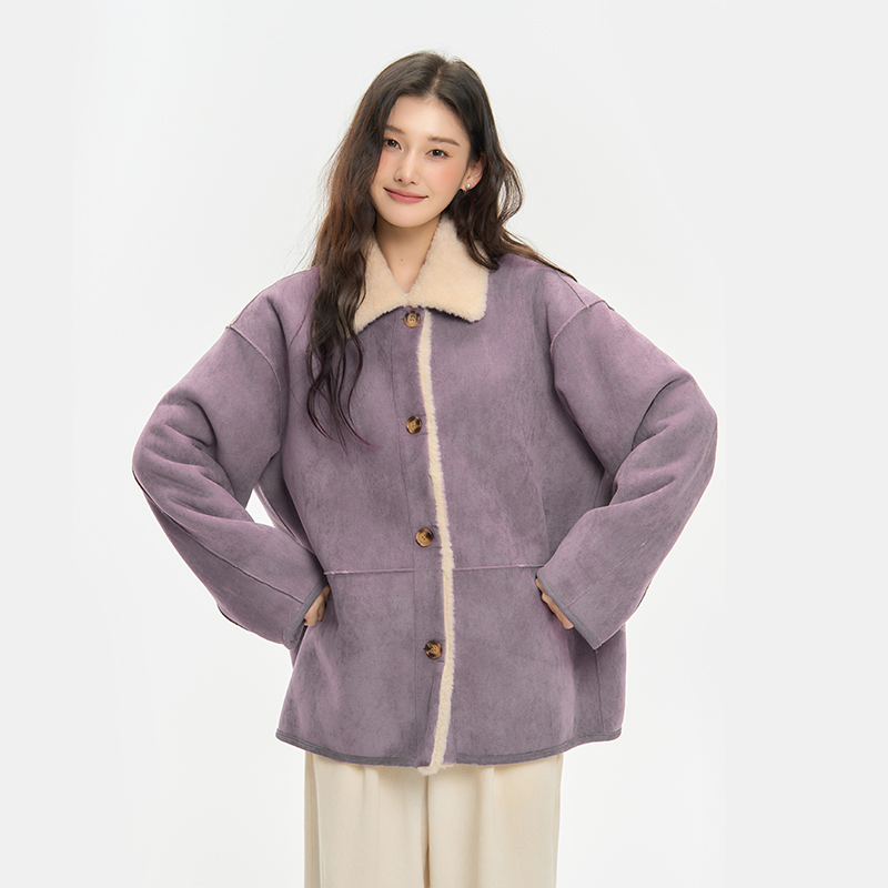 Pink ers联名款韩系麂皮一体夹克外套三色翻领撞色长袖毛绒大衣女