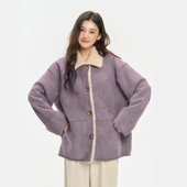 韩系麂皮一体夹克外套三色翻领撞色长袖 Pink ers联名款 毛绒大衣女