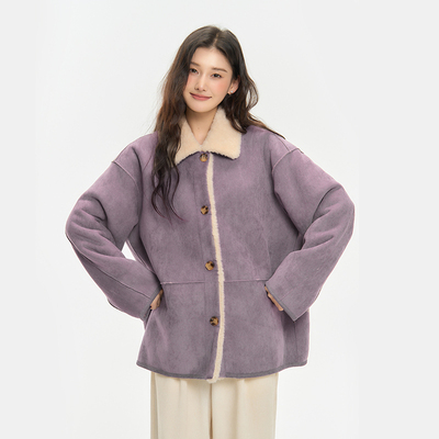 Pink ers联名款韩系麂皮一体夹克外套三色翻领撞色长袖毛绒大衣女