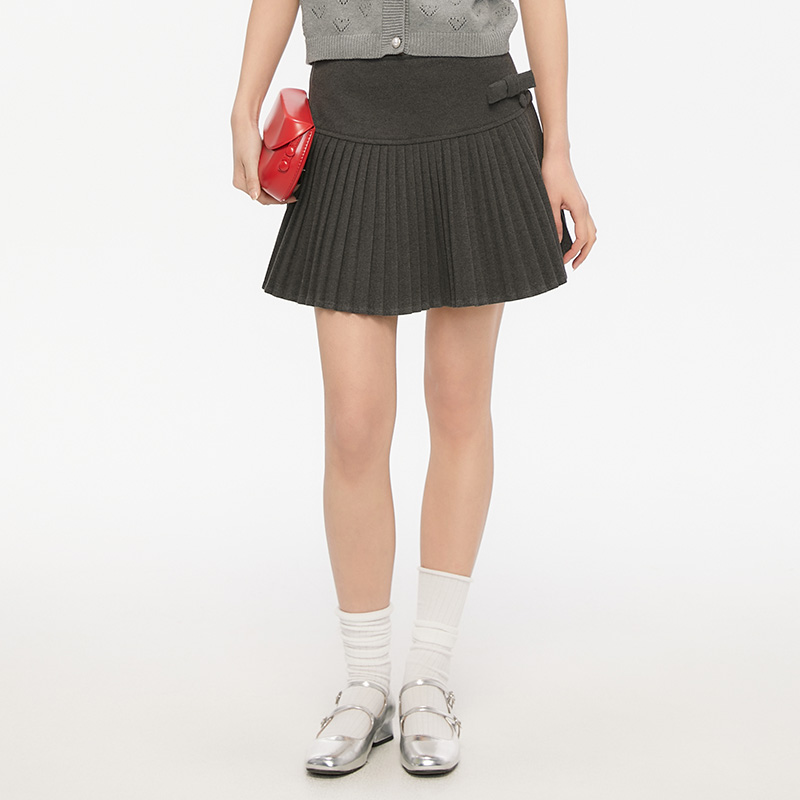 Pink ers联名款夏秋通勤风小个子百搭半身裙高腰蝴蝶结百褶a字裙