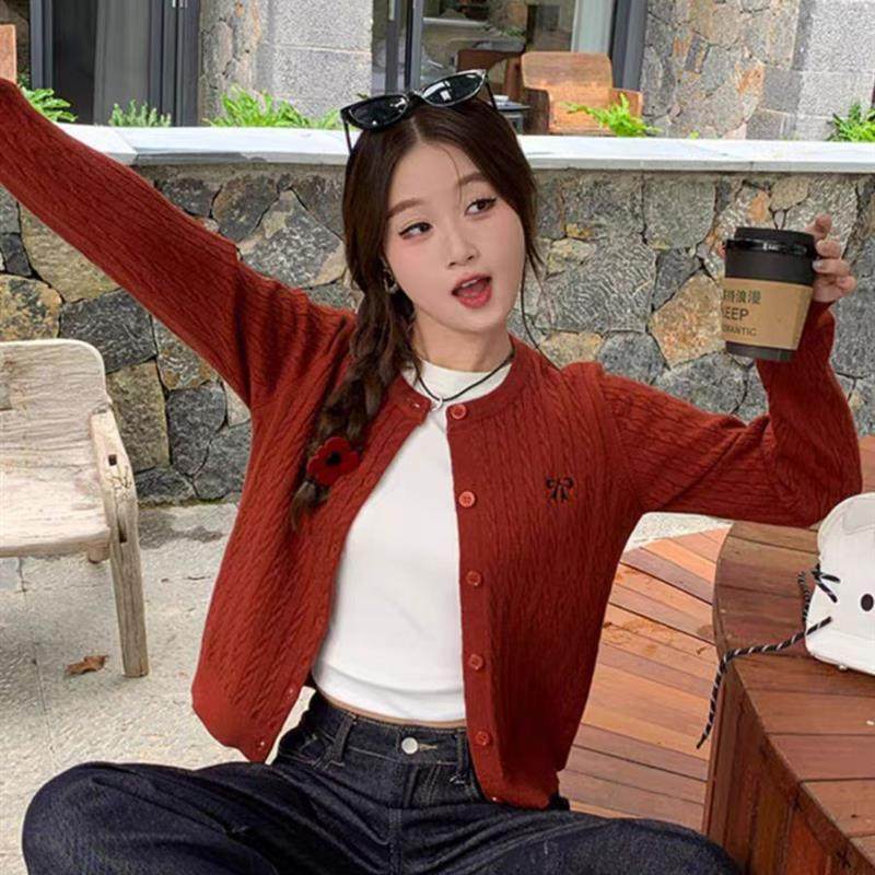 红色针织开衫外套女上衣高级感初秋穿搭2025新款早秋安可拉红毛衣