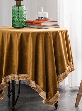 方桌布正方形丝绒美式轻奢高级感北欧墨绿色金色圆桌麻将桌台布