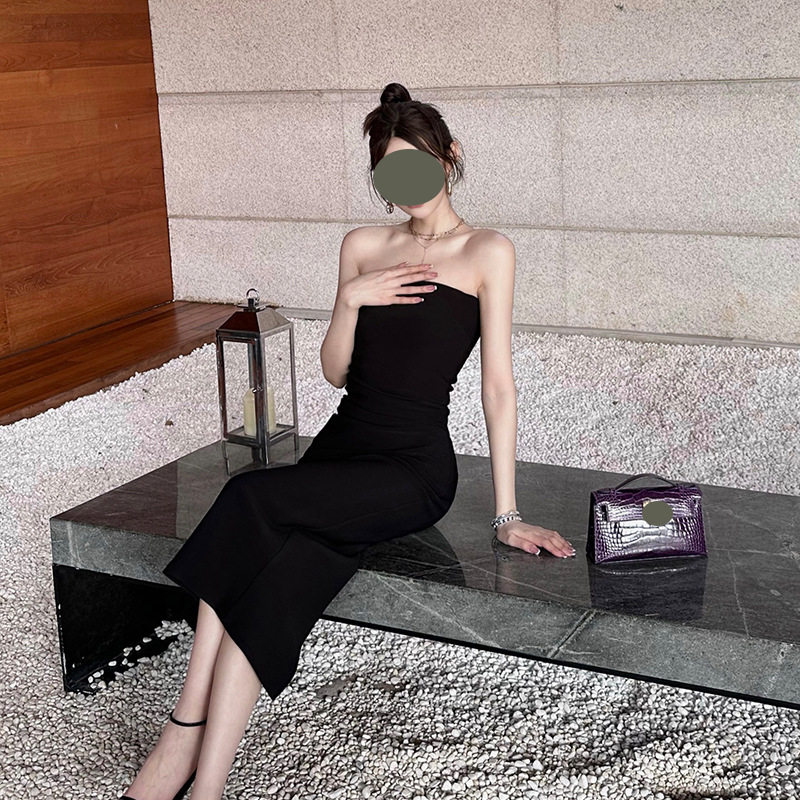 温柔气质抽褶显瘦弹力抹胸开叉连衣裙纯色长裙一字肩小众礼服裙子