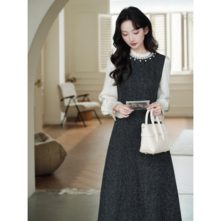 富家千金miu系穿搭法式连衣裙假两件背心裙高级感轻奢小香风外套