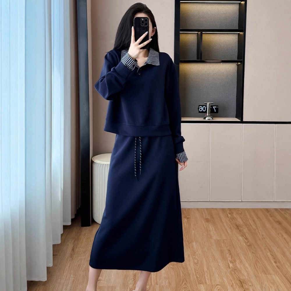 韩系休闲拼接卫衣套装女2025秋季新款时髦显瘦小个子半身裙两件套