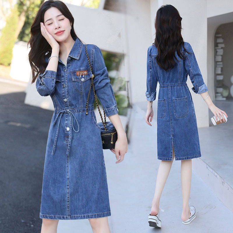 牛仔长袖连衣裙女春秋2026新款收腰显瘦小个子洋气质polo领衬衫裙