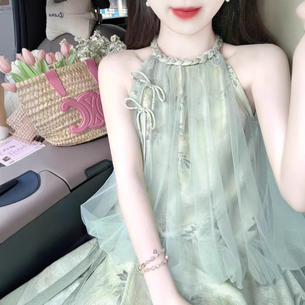 新中式国风无袖挂脖上衣套装连衣裙女夏季碎花高腰显瘦半身裙子